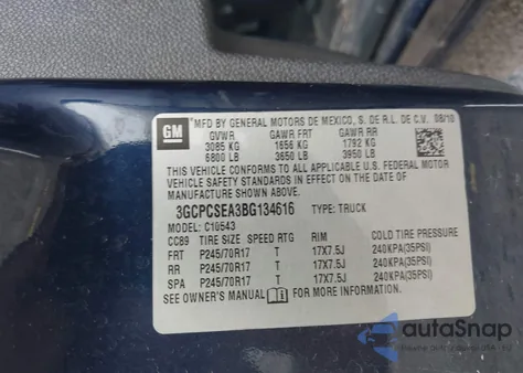 2011 Chevrolet Silverado 1500 Lt из США, поврежденный, VIN 3GCPCSEA3BG134616